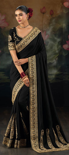 Black and Grey color Saree in Silk fabric with Sequence, Zari work