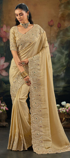 Beige and Brown color Saree in Kanchipuram Silk fabric with Cut Dana, Moti work