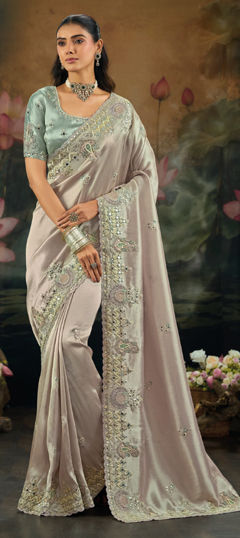 Beige and Brown color Saree in Silk fabric with Cut Dana, Mirror, Moti, Zari work