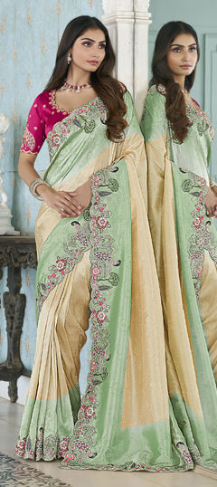 Green color Saree in Jacquard fabric with Sequence, Stone, Thread, Zari work