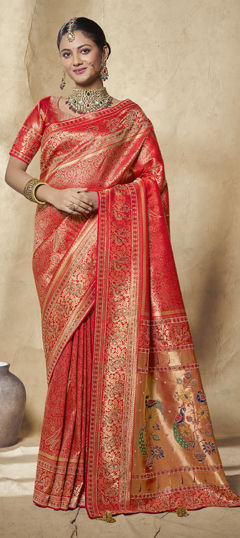Red and Maroon color Saree in Silk fabric with Zircon work