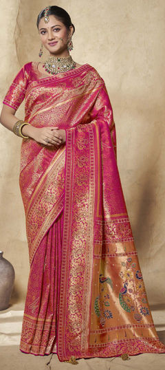 Pink and Majenta color Saree in Silk fabric with Zircon work