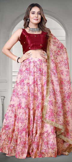 Pink and Majenta color Lehenga in Organza Silk fabric with Digital Print, Floral work