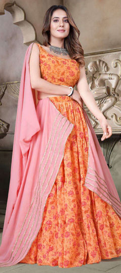 Yellow color Lehenga in Organza Silk fabric with Digital Print, Floral work