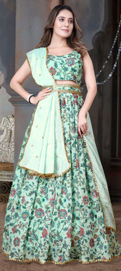Green color Lehenga in Georgette fabric with Digital Print, Floral work