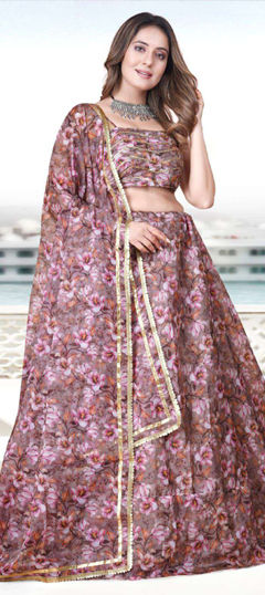 Multicolor color Lehenga in Organza Silk fabric with Digital Print, Floral work