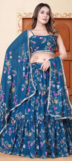 Blue color Lehenga in Georgette fabric with Digital Print, Floral work