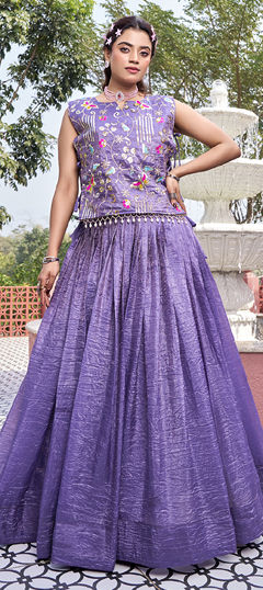 Purple and Violet color Long Lehenga Choli in Crushed Silk fabric with Embroidered, Thread, Zari work