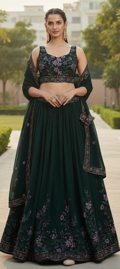 Green color Lehenga in Georgette fabric with Embroidered, Sequence work