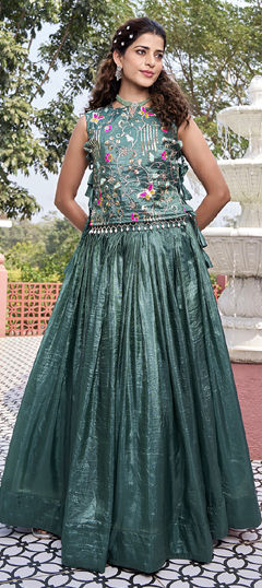 Green color Long Lehenga Choli in Crushed Silk fabric with Embroidered, Thread, Zari work