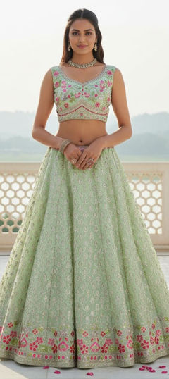 Green color Lehenga in Georgette fabric with Embroidered, Sequence, Thread, Zari work