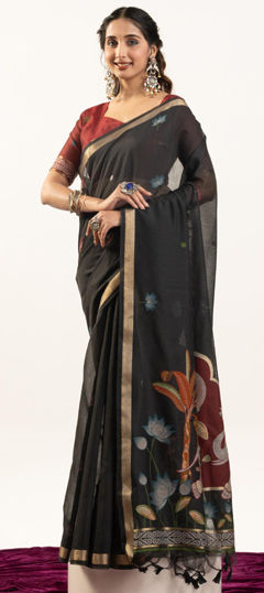 Black and Grey color Saree in Cotton fabric with Weaving, Zari work