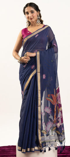 Blue color Saree in Cotton fabric with Weaving, Zari work