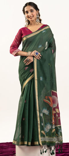 Green color Saree in Cotton fabric with Weaving, Zari work
