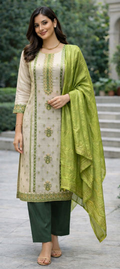 Beige and Brown, Pink and Majenta color Salwar Kameez in Jacquard fabric with Printed work