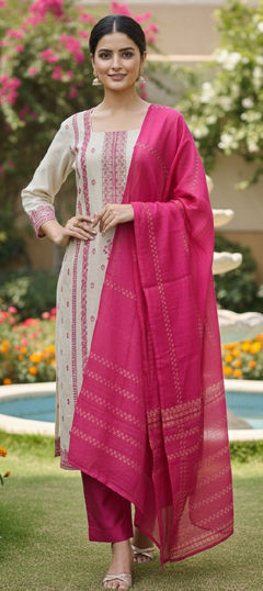 Beige and Brown, Orange color Salwar Kameez in Jacquard fabric with Printed work