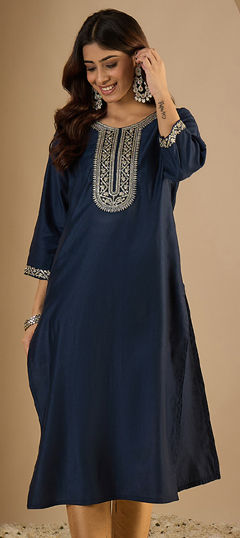 Blue color Kurti in Blended, Silk fabric with Embroidered, Thread work
