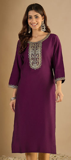 Purple and Violet color Kurti in Blended, Silk fabric with Embroidered, Thread work