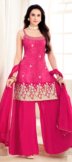 Pink and Majenta color Salwar Kameez in Georgette fabric with Bandhej, Embroidered, Printed work