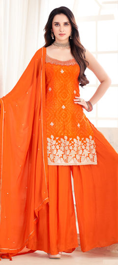 Orange color Salwar Kameez in Georgette fabric with Bandhej, Embroidered, Printed work