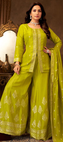 Green color Salwar Kameez in Silk fabric with Cut Dana, Embroidered, Sequence work