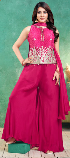 Pink and Majenta color Salwar Kameez in Georgette fabric with Bandhej, Embroidered, Printed work