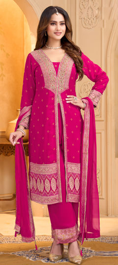 Pink and Majenta color Salwar Kameez in Silk fabric with Embroidered, Lace, Weaving work