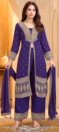 Purple and Violet color Salwar Kameez in Silk fabric with Embroidered, Lace, Weaving work