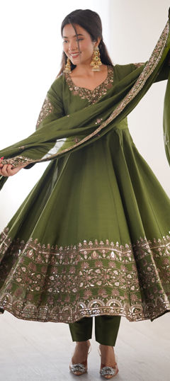 Green color Salwar Kameez in Roman Silk fabric with Embroidered, Sequence, Thread work