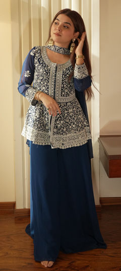 Blue color Salwar Kameez in Georgette fabric with Embroidered, Gota Patti, Resham, Sequence, Thread work