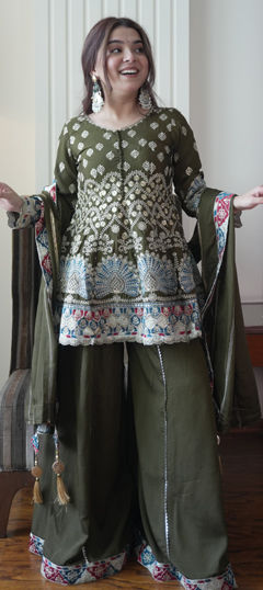 Green color Salwar Kameez in Chinon Silk fabric with Embroidered, Gota Patti, Resham, Sequence, Thread work