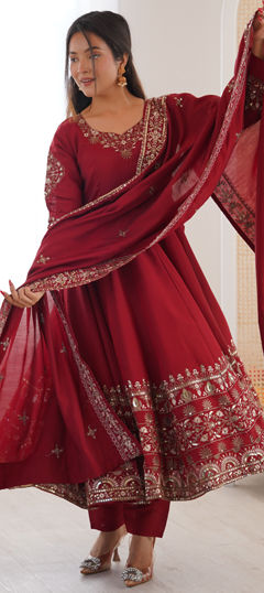Red and Maroon color Salwar Kameez in Roman Silk fabric with Embroidered, Sequence, Thread work