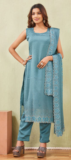 Green color Salwar Kameez in Silk fabric with Zircon work