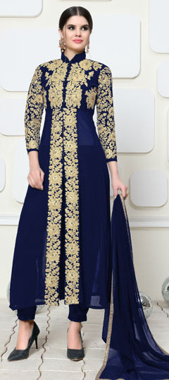 Blue color Salwar Kameez in Faux Georgette fabric with Embroidered work