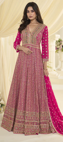 Pink and Majenta color Gown in Georgette fabric with Bugle Beads, Embroidered, Sequence work