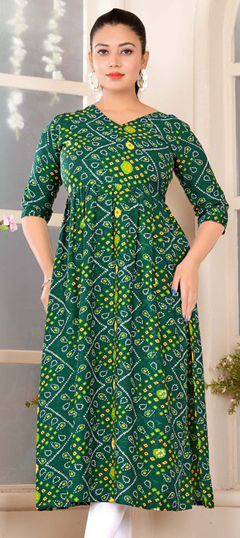 Green color Kurti in Rayon fabric with Bandhej, Digital Print work