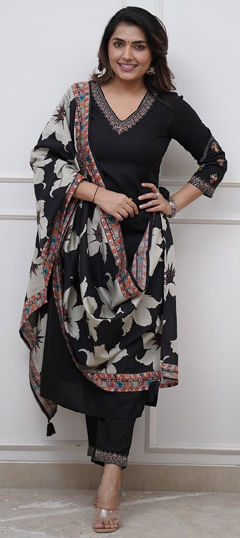 Black and Grey color Salwar Kameez in Viscose fabric with Embroidered, Sequence work