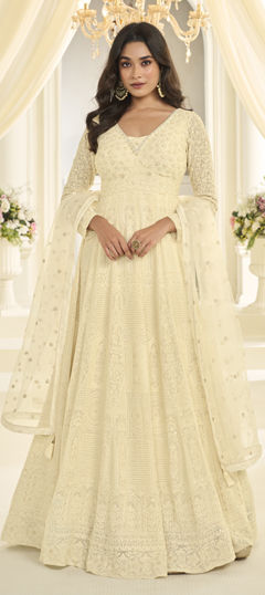 Beige and Brown color Gown in Georgette fabric with Embroidered, Sequence work