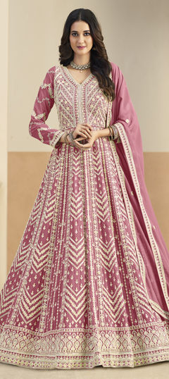 Pink and Majenta color Salwar Kameez in Faux Georgette fabric with Embroidered, Sequence work