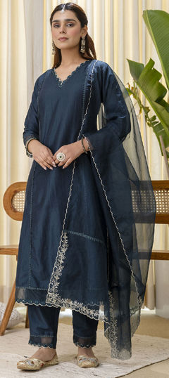 Blue color Salwar Kameez in Blended, Silk fabric with Embroidered work