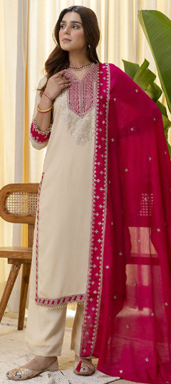 White and Off White color Salwar Kameez in Blended, Silk fabric with Embroidered work