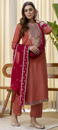 Pink and Majenta color Salwar Kameez in Blended, Silk fabric with Embroidered work