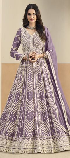 Purple and Violet color Salwar Kameez in Faux Georgette fabric with Embroidered, Sequence work