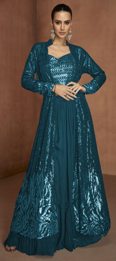 Blue color Salwar Kameez in Georgette fabric with Embroidered work