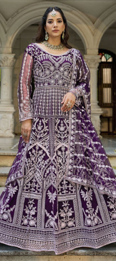 Purple and Violet color Gown in Net fabric with Embroidered, Stone work