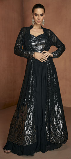 Black and Grey color Salwar Kameez in Georgette fabric with Embroidered work
