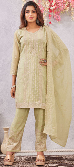 Green color Salwar Kameez in Crushed Silk fabric with Embroidered, Stone, Thread work