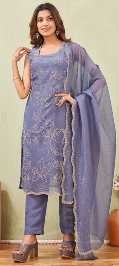 Black and Grey color Salwar Kameez in Crushed Silk fabric with Embroidered, Stone, Thread work