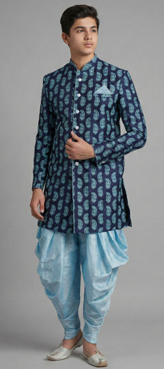 Blue color Boys Indo-Western in Dupion Silk fabric with Printed work