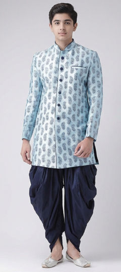 Blue color Boys Indo-Western in Dupion Silk fabric with Printed work